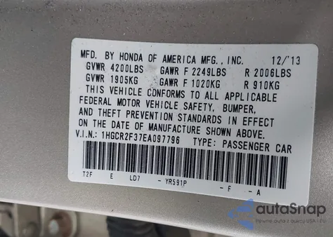 2014 Honda Accord Lx from USA, damaged, VIN 1HGCR2F37EA097796